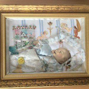 Framed wall art decor 3D mixed media paper fabric baby angel made by B. Angelina